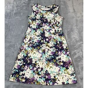 Lands' End Women's Size 10 Floral Knit Dress‎ Sleeveless Midi Length Multicolor